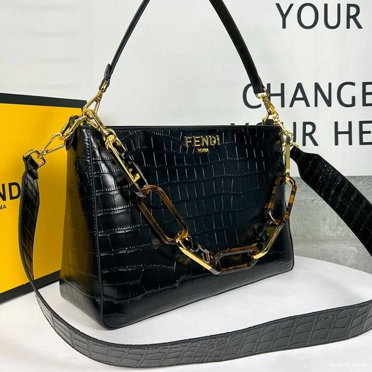 Cheap HOT Shoulder Zip O'Lock Black In Crocodile Bag Fendi Leather 0823